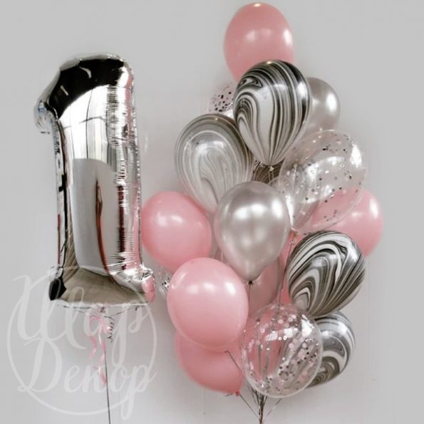 Букет воздушных шаров с гелием Агаты и цифра 1 серебро