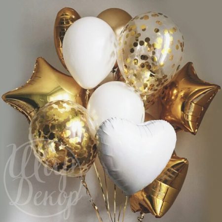 Букет воздушных шаров с гелием белый и золотые звезды