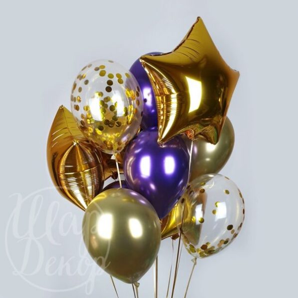 Букет воздушных шаров с гелием фиолетовый хром и золотые звезды
