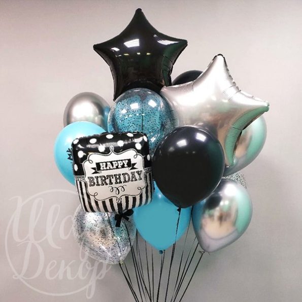 Букет воздушных шаров с гелием голубой, черный и серебро