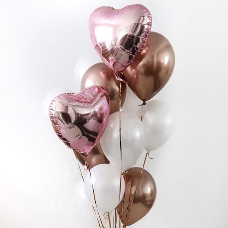Букет воздушных шаров с гелием медный и розовые сердца