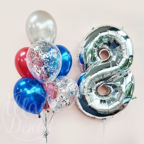 Букет воздушных шаров с гелием с цифрой 8 серебро