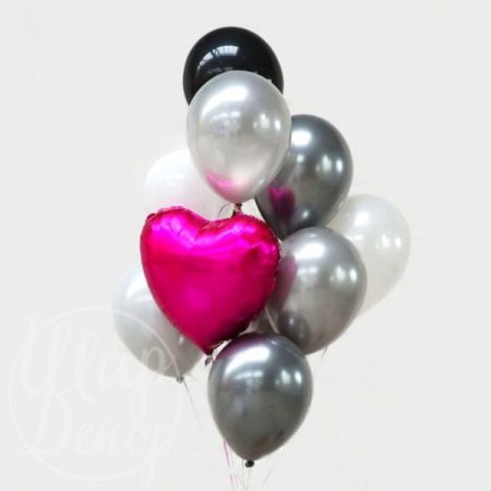 Букет воздушных шаров с гелием Серебро и розовое сердце