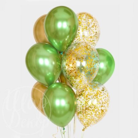 Букет воздушных шаров с гелием Зеленый хром и золото