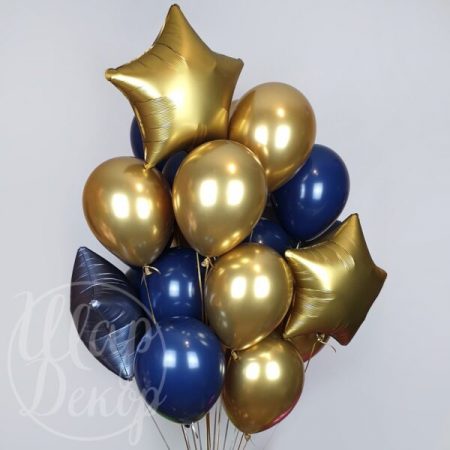 Букет воздушных шаров с гелием золото, синий и звезды