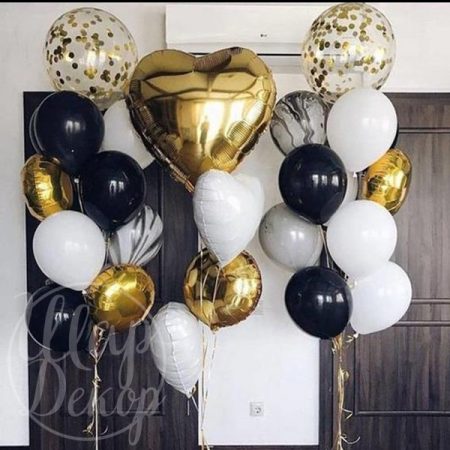 Фонтаны из воздушных шаров с гелием черный с золотом и сердце