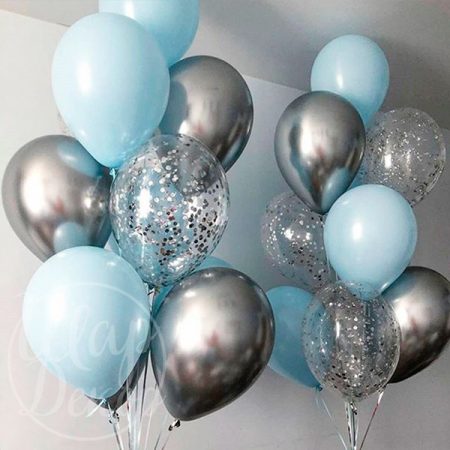 Фонтаны из воздушных шаров с гелием голубой и серебро хром