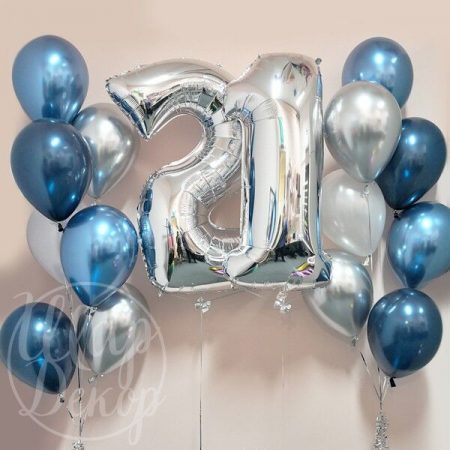 Фонтаны из воздушных шаров с гелием хром и цифра 21 серебро