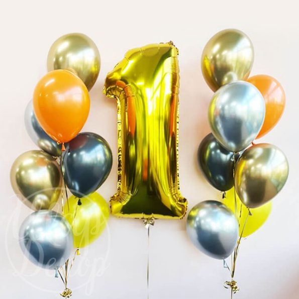 Фонтаны из воздушных шаров с гелием и цифра 1 золото