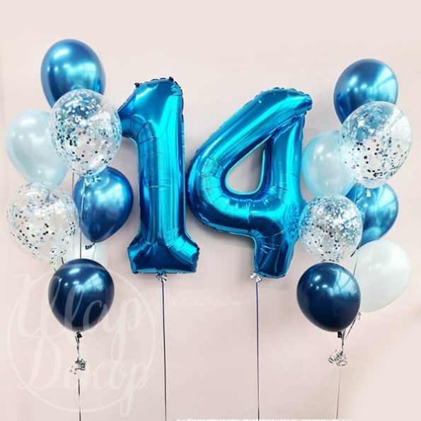 Фонтаны из воздушных шаров с гелием и цифра 14 синяя
