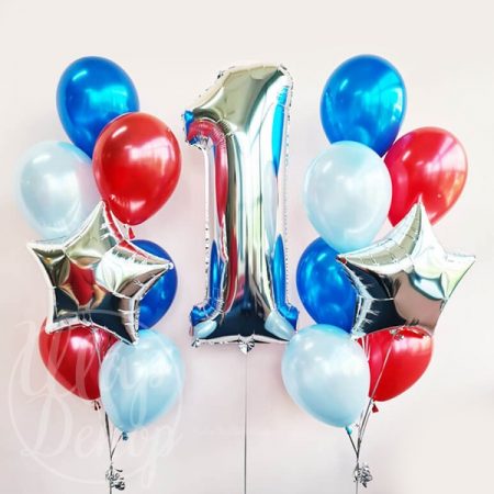 Фонтаны из воздушных шаров с гелием красный и синий и цифра 1 серебро
