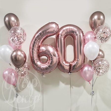 Фонтаны из воздушных шаров с гелием розовое золото и цифра 60