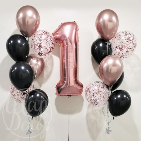 Фонтаны из воздушных шаров с гелием розовое золото с цифрой 1