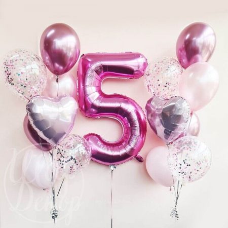 Фонтаны из воздушных шаров с гелием розовый и цифра 5