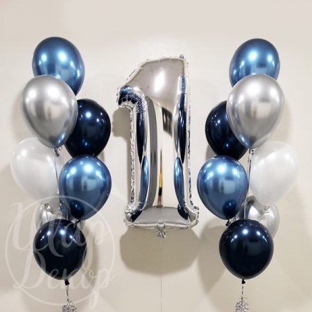 Фонтаны из воздушных шаров с гелием с цифрой 1 серебро