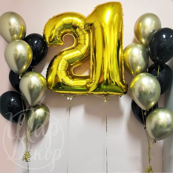Фонтаны из воздушных шаров с гелием с цифрой 21 золото