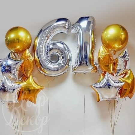 Фонтаны из воздушных шаров с гелием с цифрой золото и серебро