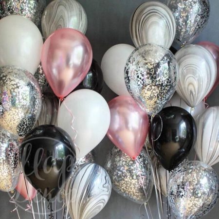 Фонтаны воздушных шаров с гелием Черные агаты и серебро конфетти