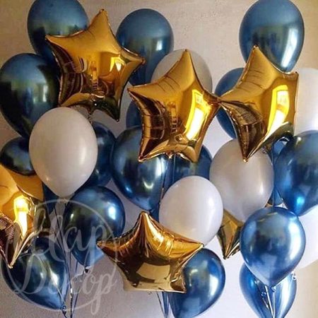Фонтаны воздушных шаров с гелием синий хром и звезды