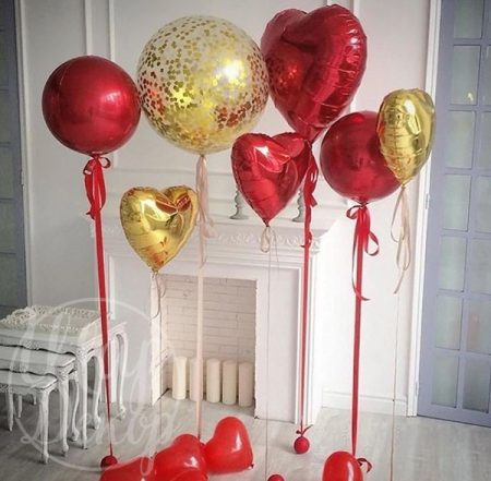 Набор воздушных шаров с гелием Красное сердце и золото