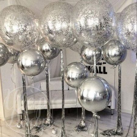 Набор воздушных шаров с гелием сферы и конфетти серебро