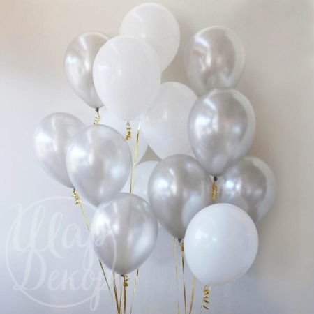 Облако воздушных шаров с гелием белый и серебро металлик