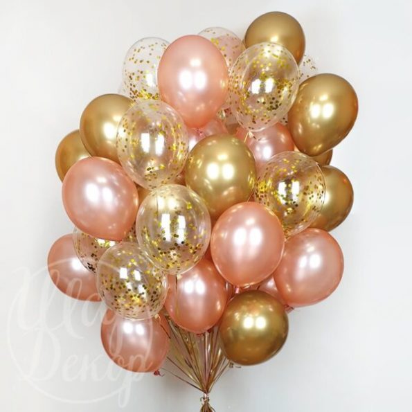 Облако воздушных шаров с гелием розовое золото и золотое конфетти