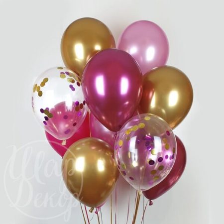 Облако воздушных шаров с гелием Розовый, золото хром и конфетти