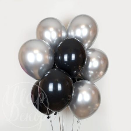 Облако воздушных шаров с гелием серебро хром и черный пастель