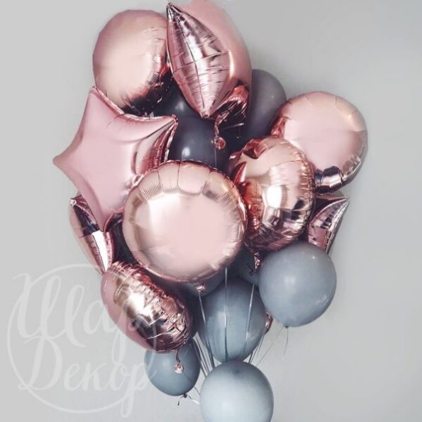 Облако воздушных шаров с гелием серый и розовое золото