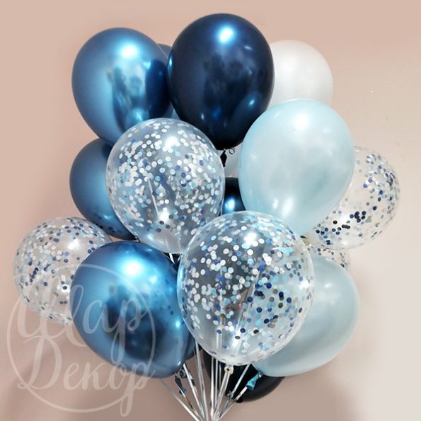 Облако воздушных шаров с гелием синий хром и конфетти