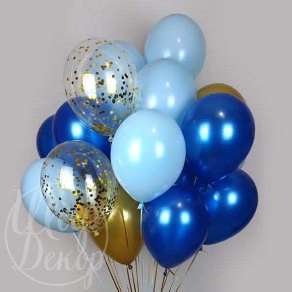 Облако воздушных шаров с гелием синий и золото с конфетти