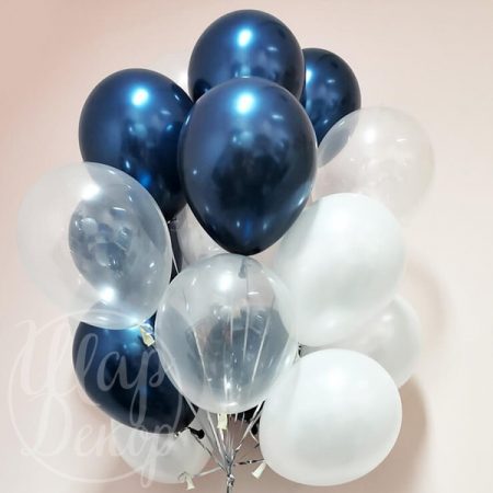 Облако воздушных шаров с гелием синий металлик и белый