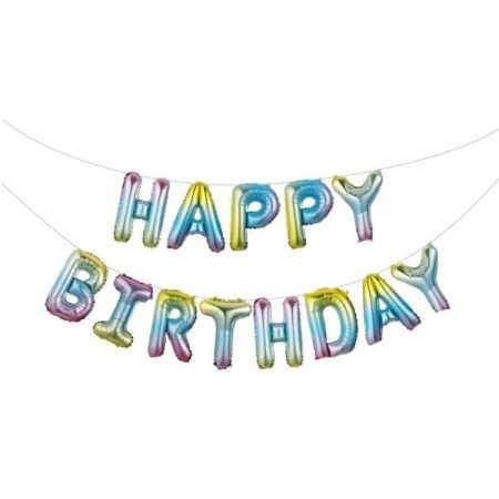 Шар воздушный надпись Happy birthday радуга пастель