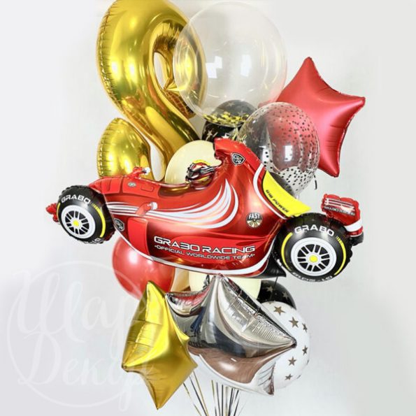 Букет воздушных шаров с гелием Гоночная машина и цифра