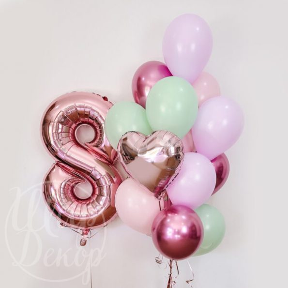 Букет воздушных шаров с гелием с цифрой мятный и розовый