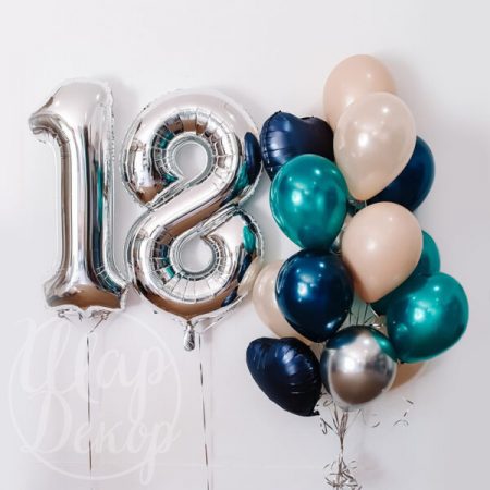 Набор воздушных шаров с гелием Цифры серебро, синий и беж