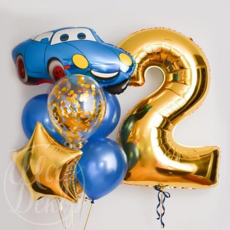 Букет из шаров с гелием Синяя машина и цифра